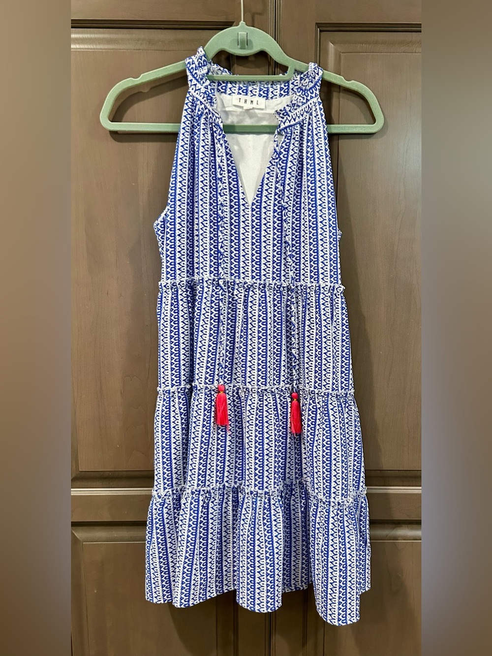 THML Halter Tassel Tie Pattern Dress in Blue and White, Size XS